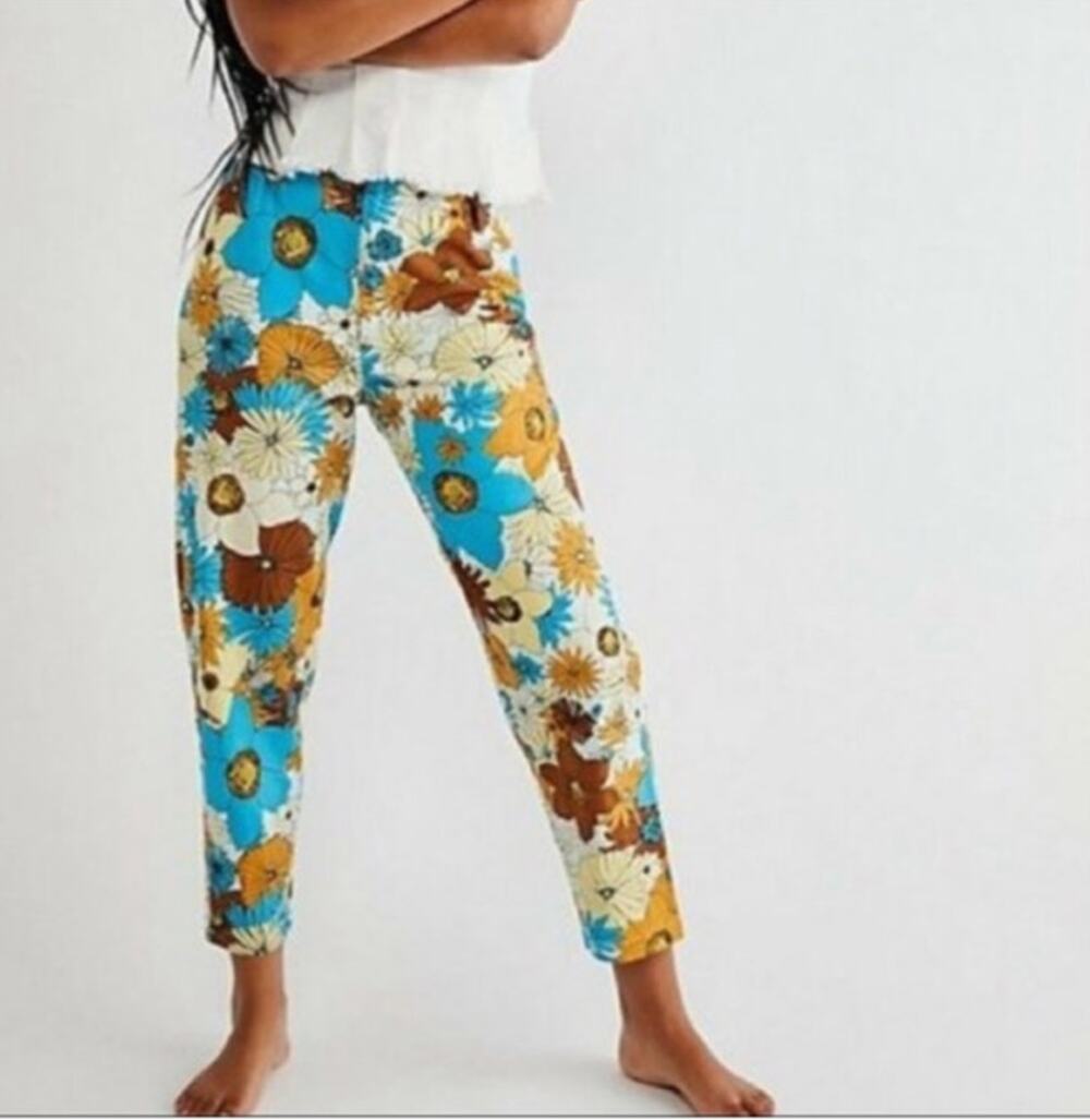 Free People Pants Tessa Tapered Retro 2 High Waist Floral Blue Brown 70s Boho